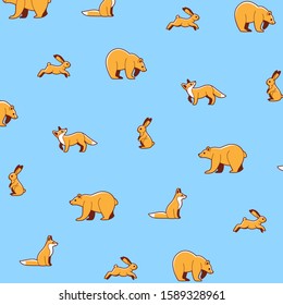 Animal pattern with cartoon bear, fox and hare. Cute vector illustration for prints, clothing, packaging and postcards.