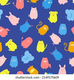 Animal pattern cartoon. Seamless pets. Hippopotamus, Lion, Cat, Elephant, Rabbit, Monkey, Deer, Horse, Cow, Parrot, Pig, Dog. Flat design. 