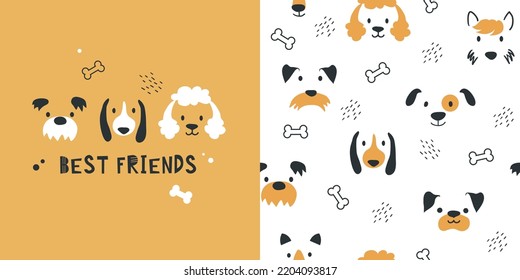 Patrón animal con perros lindos, fondo infantil sin costuras e impresión. Ilustración vectorial dibujada a mano.