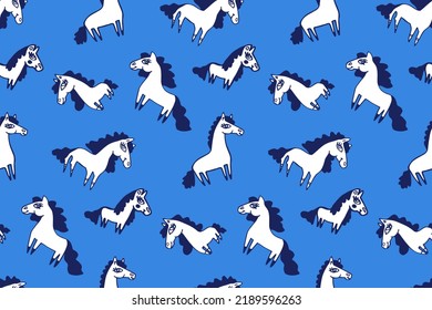 Animal pattern with cute horses for baby boy fabrics. Childish seamless print with hand-drawn smiling fillies. Blue wallpaper nursery. Friendly farm mares for kids textiles. Cute vector illustration.