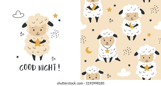 Animal pattern with cute sheep and  print for  kids. Vector seamless texture for childish bedding, fabric, wallpaper, wrapping paper, textile, t-shirt