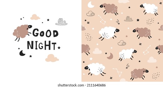 Animal pattern with cute sheep, seamless vector background. Perfect for fabric, childish textile,  kids bedding, wallpaper, sleepwear. Scandinavian style.