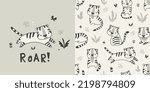 Animal pattern with cute tiger, childish seamless background and print. Hand drawn vector illustration.