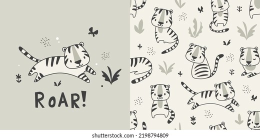 Animal pattern with cute tiger, childish seamless background and print. Hand drawn vector illustration.