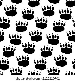 Animal pattern with footprint of bear's clawed paws. Hand drawn black foot print beast for wildlife forest background wallpaper. Flat vector illustration in doodle style in theme of reserve, zoo.