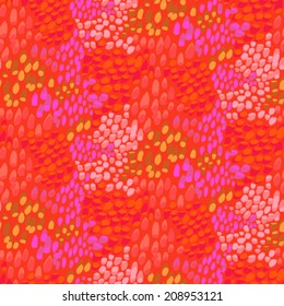 Animal pattern inspired by fall nature & tropical fish skin hand drawn with short brush strokes, dots and splatters in multiple bright colors - orange, purple, pink, red. Seamless vector texture