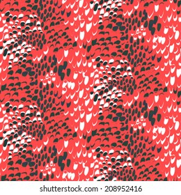 Animal pattern inspired by nature & tropical fish or reptile skin hand drawn with short brush strokes, dots and splatter in multiple bright colors - black, white and coral red, seamless vector texture