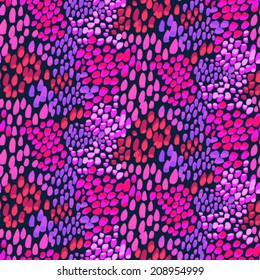 Animal pattern inspired by nature & tropical fish or reptile skin hand drawn with short brush strokes, dots and splatter in multiple bright colors - black, purple, pink, red, seamless vector texture