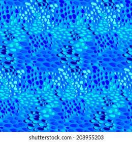 Animal pattern inspired by nature & tropical fish or reptile skin hand drawn with short brush strokes, dots and splatter in multiple bright blue colors, seamless vector texture