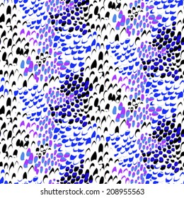 Animal Pattern Inspired By Nature & Tropical Fish Or Reptile Skin Hand Drawn With Short Brush Strokes, Dots And Splatter In Multiple Bright Colors Black, White, Purple, Violet, Seamless Vector Texture