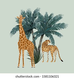 Animal pattern with leopard, giraffe and palm trees. Vector illustration. Vintage print