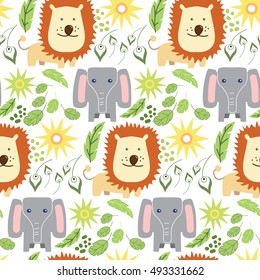 Animal pattern: lions and elephants. Vector illustration