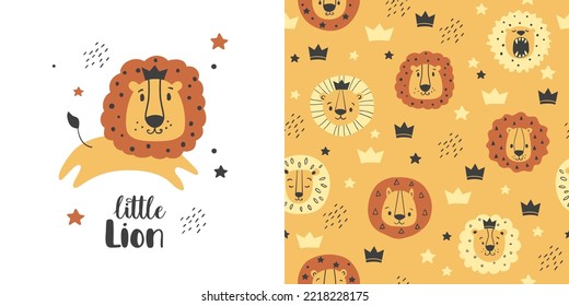 Animal pattern with  with little lion, seamless background for kids. Cute vector texture for childish bedding, fabric, wallpaper, wrapping paper, textile, t-shirt print