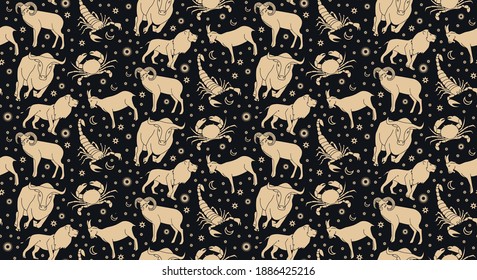 Animal pattern in ocher color; astrological signs of beasts on a dark background. Magic illustration of animals against the background of the starry sky.
