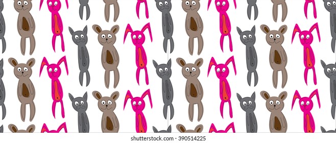 animal pattern on white background. funny animal cat, bear, rabbit cartoon hand drawn toy seamless pattern. vector illustration