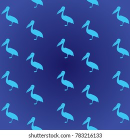 Animal pattern: pelicans of blue color in profile. Birds on a dark blue background. Stylish youthful bright print.