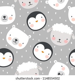 Animal Pattern, Penguin Sheep and Bear Seamless Background, Vector illustration