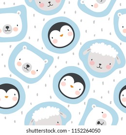 Animal Pattern, Penguin Sheep and Bear Seamless Background, Vector illustration