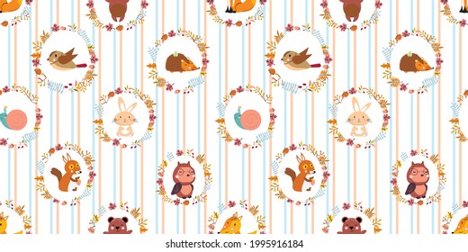 Animal pattern. Seamless pattern with animals portrait on striped background. For textile, paper, wallpaper, packaging, wrapping paper.