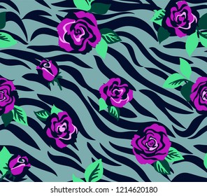 Animal pattern seamless on leopard print background. Roses pattern and leo  pattern design. 