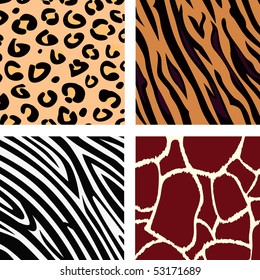 Animal pattern - tiger, zebra, giraffe, leopard. Vector Illustration of tiger, zebra, giraffe and leopard pattern. Animal print pattern.