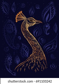 Animal pattern. Vector illustration. Sketch for book page. Bird of paradise. Phoenix.Gold head of peacock on the dark blue watercolor background with arabian paisley. 