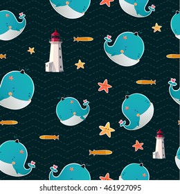 Animal pattern. Whales, fish, starfish, lighthouse. Vector illustration