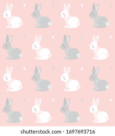 Patrón animal con conejos blancos y grises con corazones sobre fondo rosado