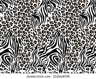 Animal pattern zebra and leopard vector seamless texture mix, modern trendy background on textile