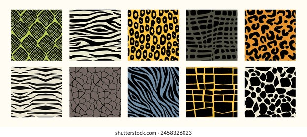 Animal patterns. Seamless print of wild fur skin leather, tiger leopard cheetah zebra giraffe python texture, zoo wildlife background. Vector texture set. Exotic striped and spotted design