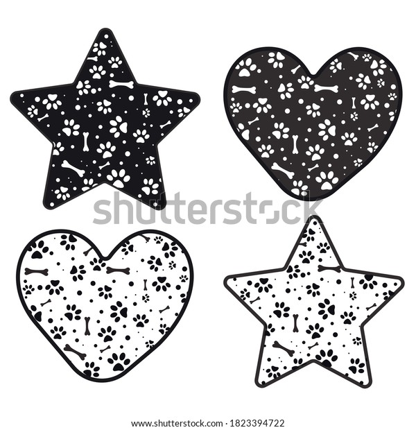 Animal Paw, Bone Silhouette, Heart, Star.\
Vector, illustration