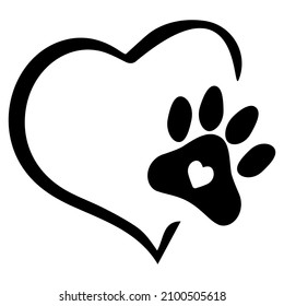 Animal paw of a cat or dog with a heart symbol. Monochrome black and white element. Print for T-shirt, wallpaper or desktop.