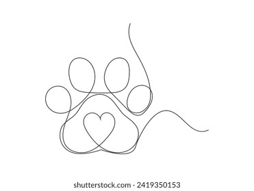 Animal paw in continuous line drawing. One continuous line drawing of animal footprint icon. Vector illustration. Line art of animal footprint
