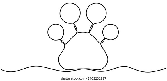 Animal paw continuous line drawn. Linear footprint symbol. Vector illustration isolated on white.