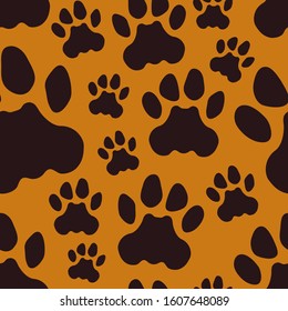 Animal paw footprint seamless surface pattern. Wildlife camouflage print. Repeating trace silhouettes motif. Veterinary concept background. Vector abstract wallpaper