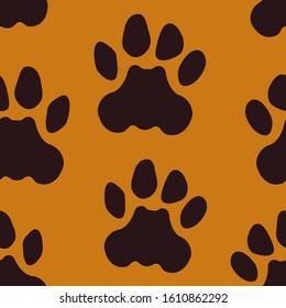 Animal paw footprint seamless surface pattern. Wildlife camouflage print. Repeating trace silhouettes motif. Veterinary concept background. Vector abstract wallpaper