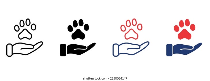 Paw animal e icono de mano humana. Concepto de donación, cuidado y protección de animales. Adopción de Mascotas, Refugio, Icono de la Caridad. Pictograma de bienestar animal. Stroke editable. Ilustración vectorial.