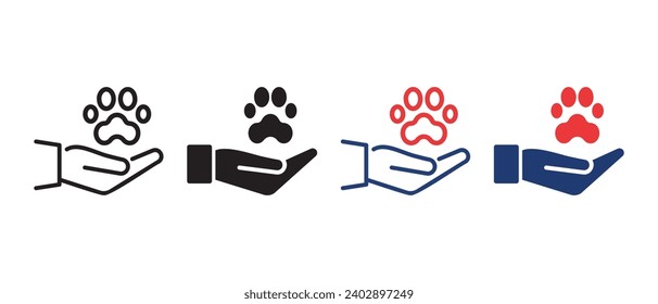 Animal Paw and Human Hand Icon. Animal Donation, Care and Protection concept. Adoption of Pets, Shelter, Charity Icon. Animal welfare Pictogram. Editable Stroke. Vector illustration.