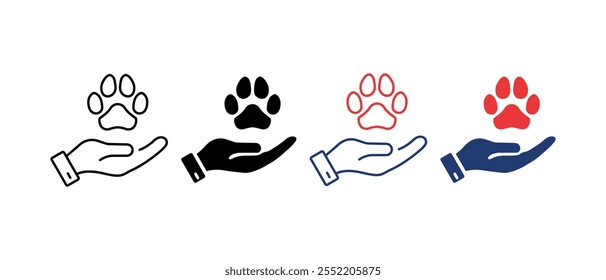 Animal Paw and Human Hand Icon. Animal Donation, Care and Protection concept. Adoption of Pets, Shelter, Charity Icon. Animal welfare Pictogram. Editable Stroke. Vector illustration