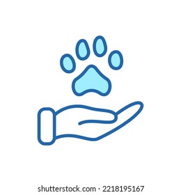 Paw animal e icono lineal de mano humana. Concepto de donación, cuidado y protección de animales. Adopción de Mascotas, Refugio, Icono de línea de caridad. Pictograma de bienestar animal. Stroke editable. Ilustración vectorial.