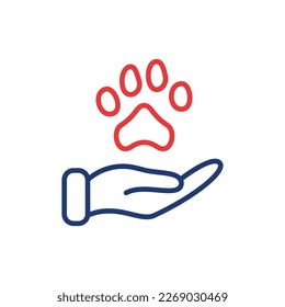 Paw animal e icono lineal de mano humana. Concepto de donación, cuidado y protección de animales. Adopción de Mascotas, Refugio, Icono de línea de caridad. Pictograma de bienestar animal. Stroke editable. Ilustración vectorial.