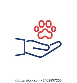 Paw animal e icono lineal de mano humana. Concepto de donación, cuidado y protección de animales. Adopción de Mascotas, Refugio, Icono de línea de caridad. Pictograma de bienestar animal. Stroke editable. Ilustración vectorial.