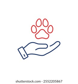 Pata animal e ícone linear da mão humana. Conceito de doação, cuidado e proteção dos animais. Adoção de Animais de Estimação, Abrigo, Charity Line Icon. Bem-estar dos animais