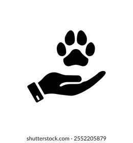 Pata animal y mano humana icono lineal. Concepto de Donación, Cuidado y Protección Animal. Adopción de mascotas, refugio, icono de línea de caridad. Bienestar animal