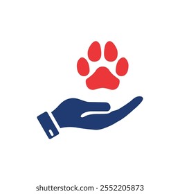 Animal Paw and Human Hand Silhouette Icon. Animal Donation, Care and Protection concept. Adoption of Pets, Shelter, Charity Icon. Animal welfare Pictogram.