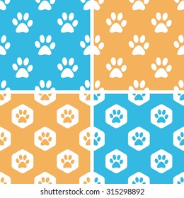 Animal paw pattern set, simple and hexagon, on yellow or blue background