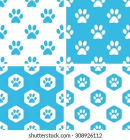 Animal paw patterns set, simple and hexagonal, blue and white