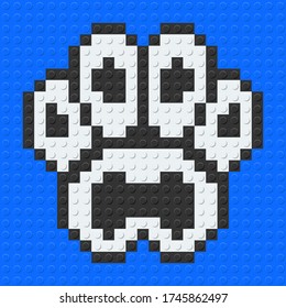 Animal Paw from plastic building bricks blocks toy. Blue background. vector illustration.