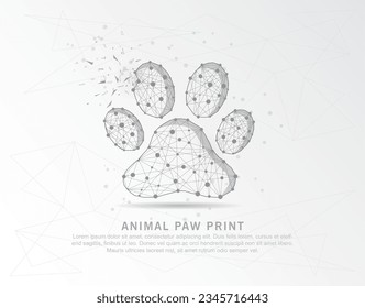 Animal paw print, abstract mash line and composition digitally drawn in the form of broken a part triangle shape and scattered dots low poly wire frame. svg