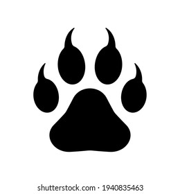 Animal paw print with claws vector icon. Wildlife or petshop store and vet logo. Dog or cat footprint trail sign. Pet foot shape mark symbol. Silhouette isolated on background.